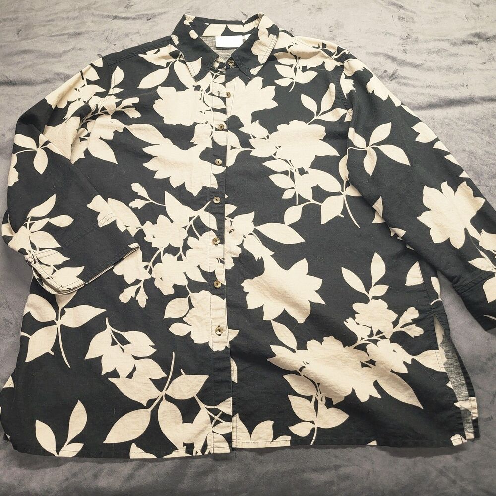 Liz Claiborne Women's LG Black & Tan Floral 3/4 Sleeve Button Closure Tunic Top
